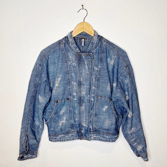 Free People Jackets & Blazers - Free People | Distressed Denim Moto Jacket Sz. XS